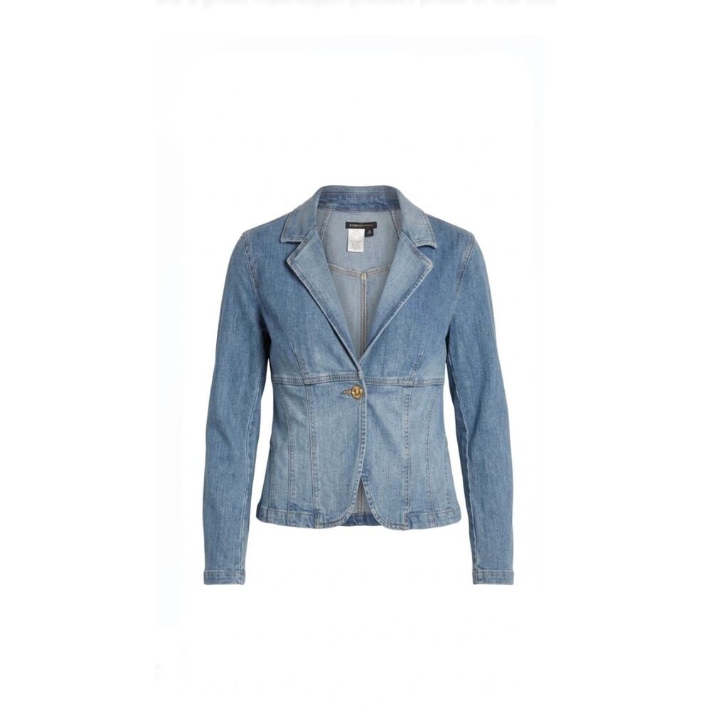 Vintage Y2K Notch Collar Flower Button Front Blazer Blue Denim Jean Jacket